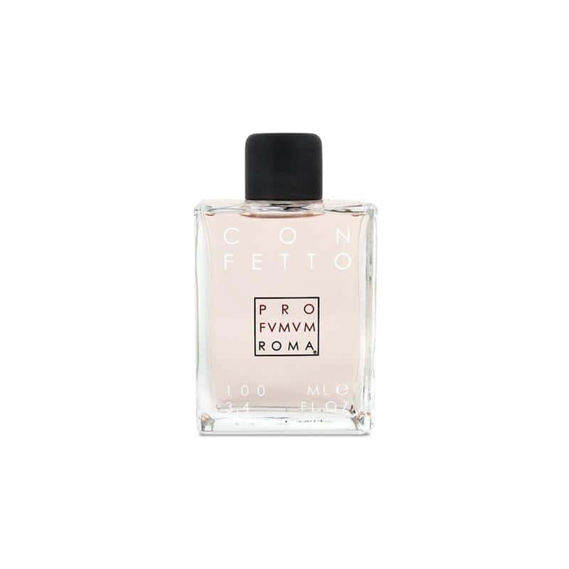 Confetto fragrance bottle with black cap, featuring "CON FETTO" and "ROMA" text