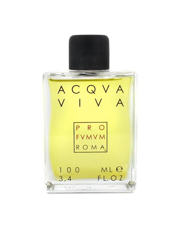Acqua Viva perfume bottle with black lid, yellow liquid, 100 ml, clear glass