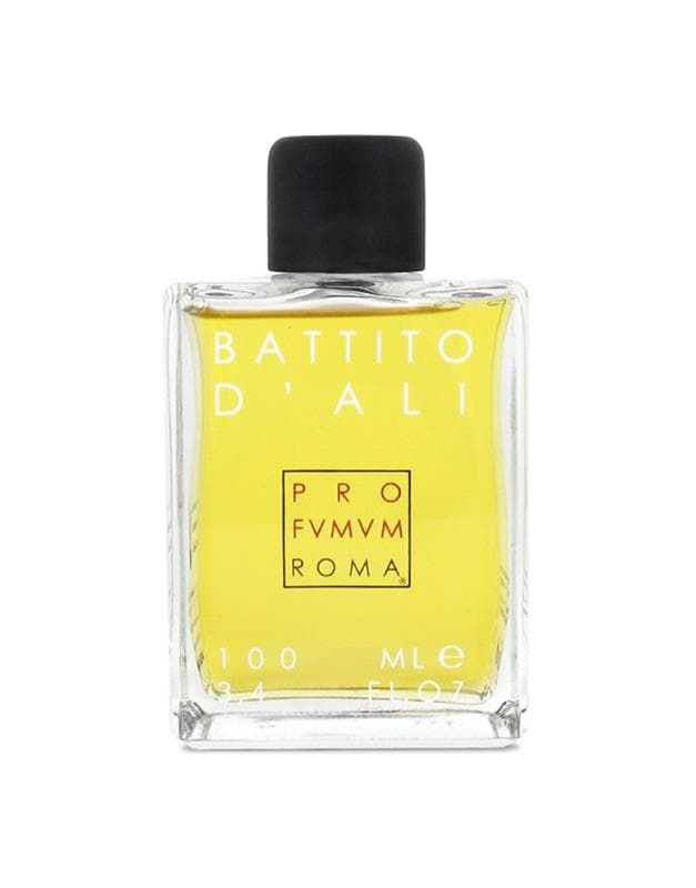Battito d'Ali perfume bottle with yellow liquid, black cap, and label details