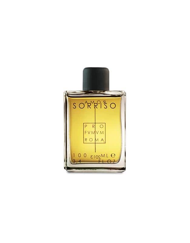 Sorrisio perfume bottle with yellow label, 100ml capacity, black cap, glass body, and white background