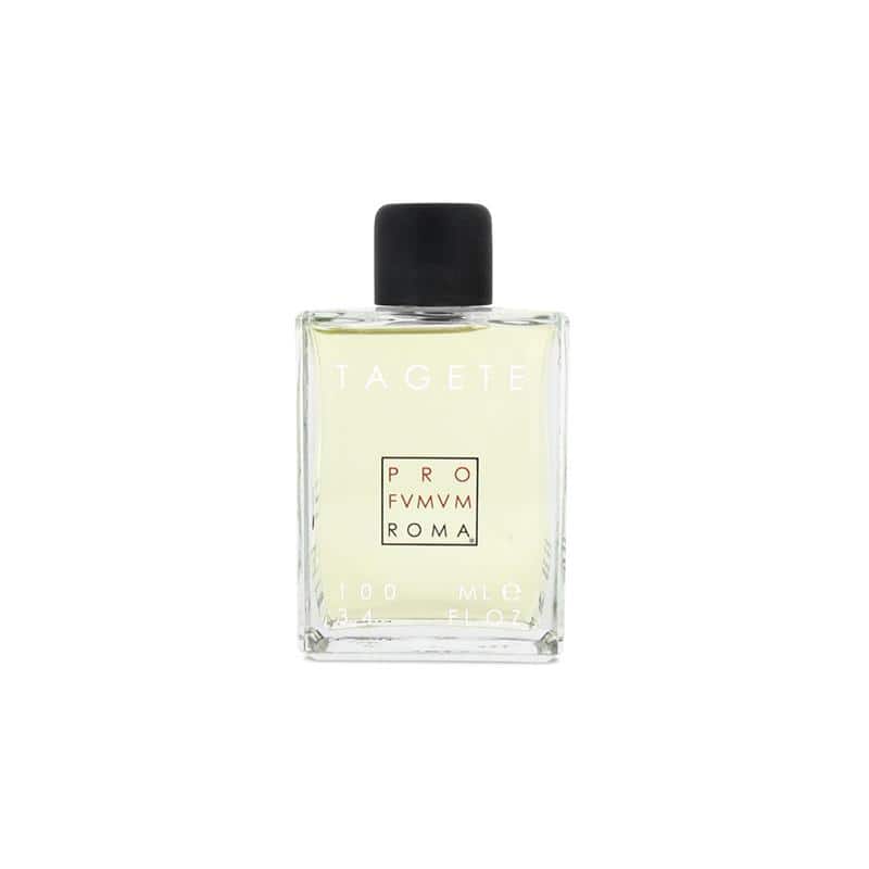 Glass bottle of Tagete Pro Fvmvm Roma perfume with a black lid, 100 ml