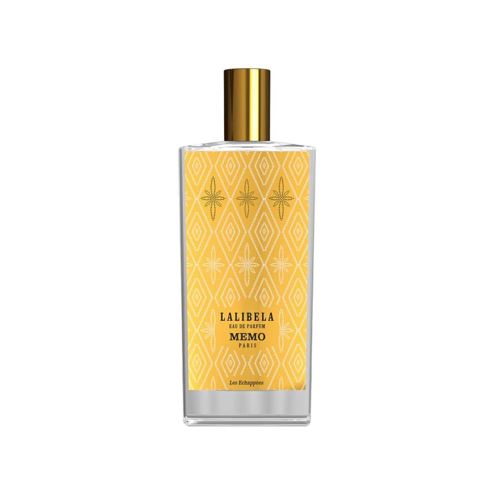 Lalibela Eau de Parfum by Memo Paris, 75ml bottle with a yellow geometric pattern