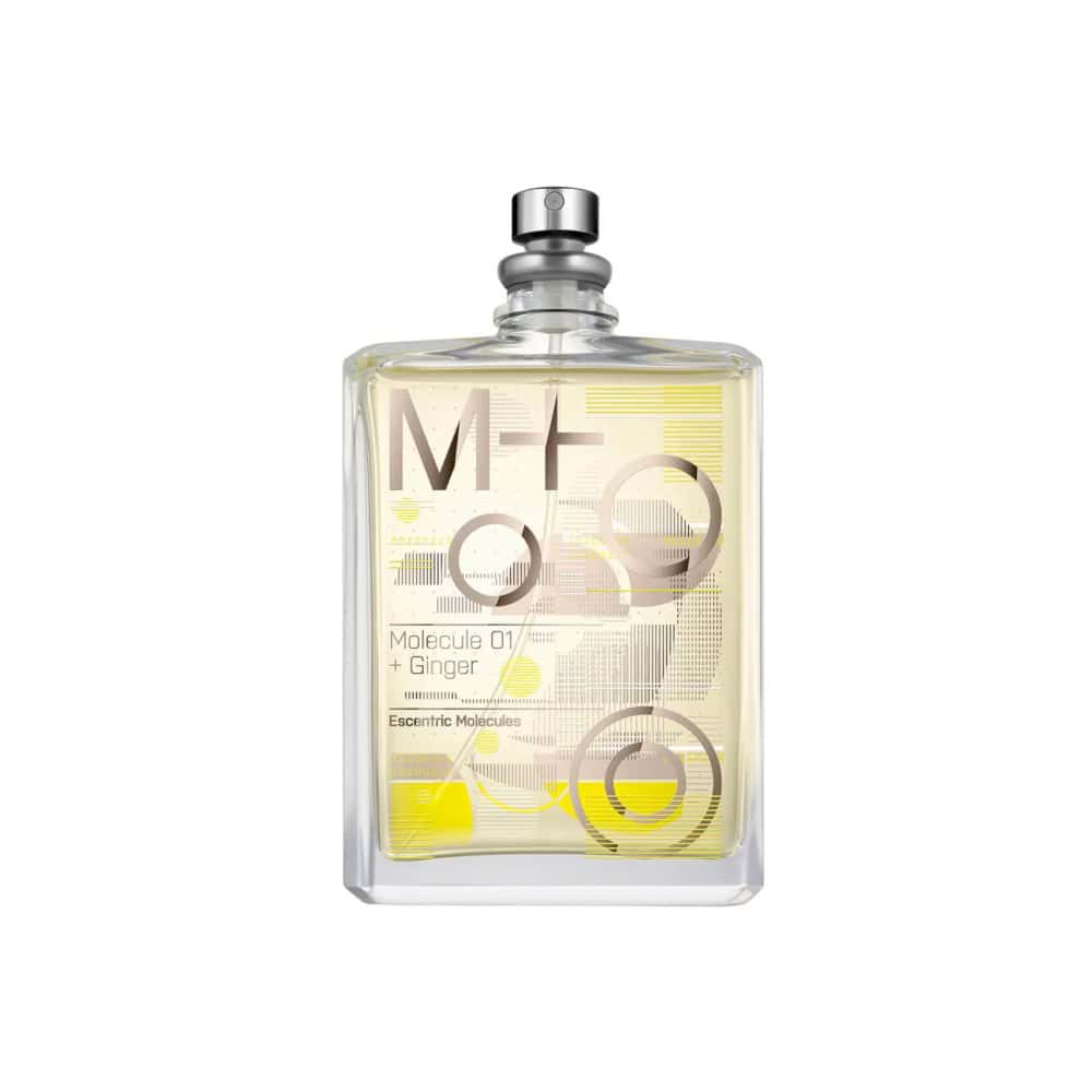 Molecule 01 + Ginger bottle with yellow and gray design, clear glass bottle, silver cap