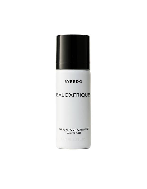Byredo Bal d'Afrique Hair Perfume in a white spray bottle with a black cap