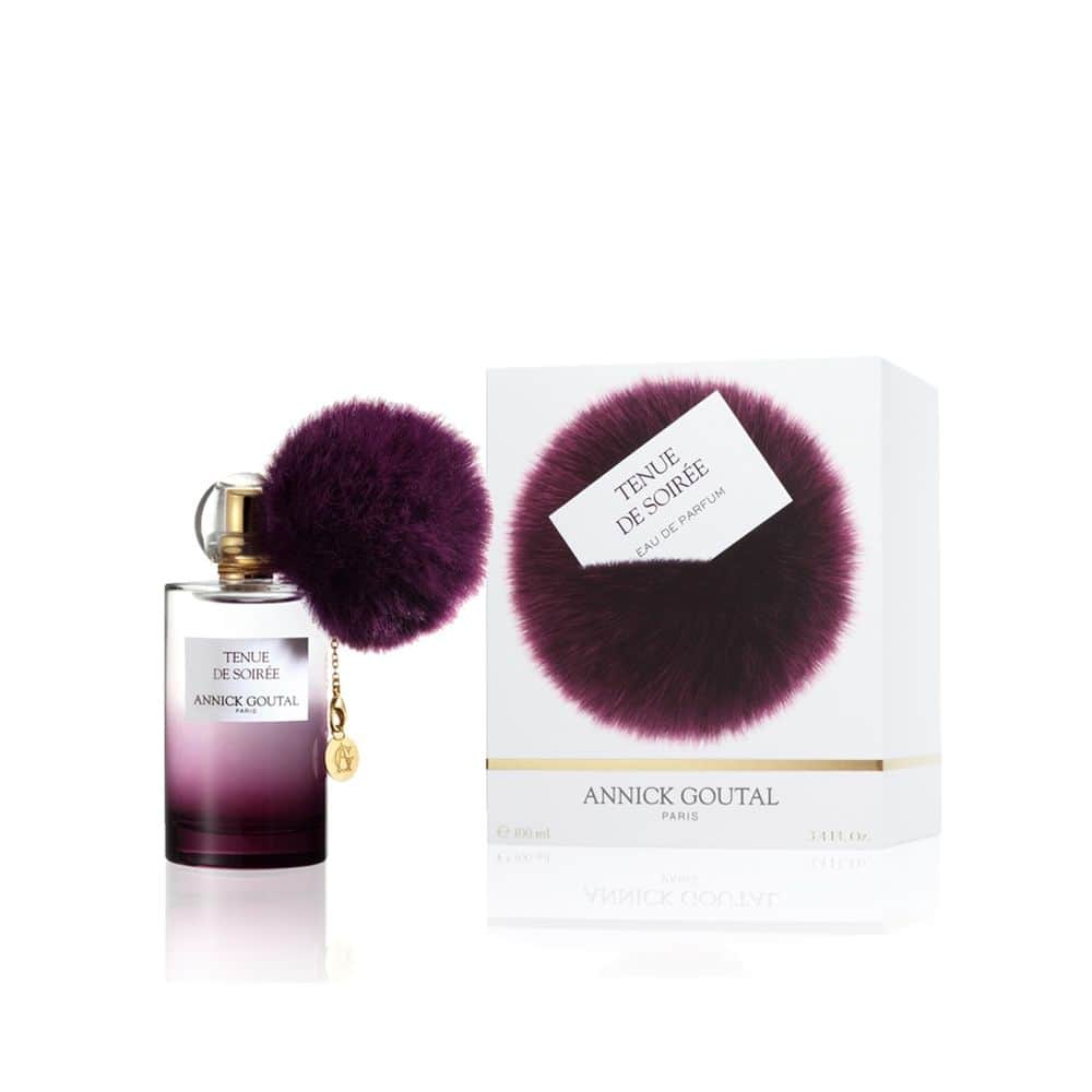 Annick Goutal Tenue de Soirée Eau de Parfum bottle with plum faux fur puff and matching box