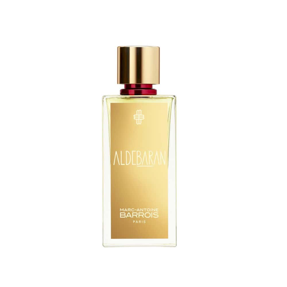 Aldebaran perfume by Marc-Antoine Barrois Paris, in a clear glass bottle with a gold label and a gold cap.