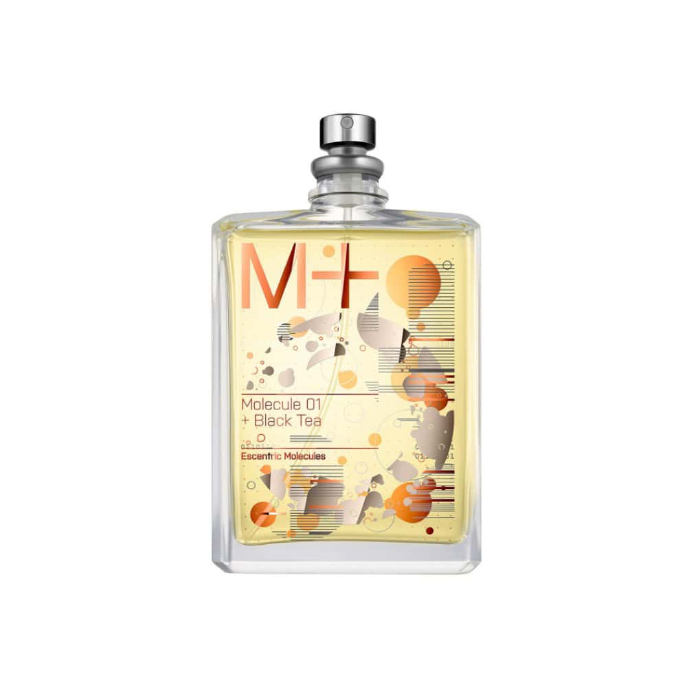 Molecule 01 + Black Tea by Escentric Molecules: A clear glass perfume bottle with an orange and abstract design label.