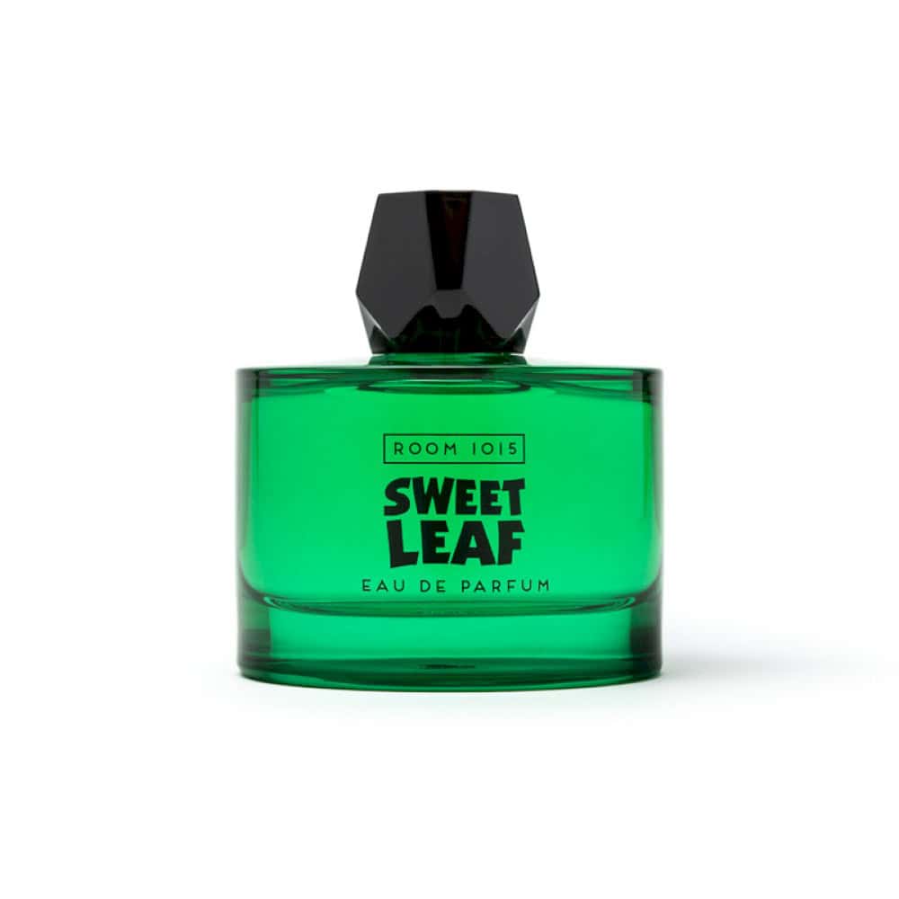 Room 1015 Sweet Leaf Eau de Parfum, a vibrant green glass bottle with a black geometric cap.