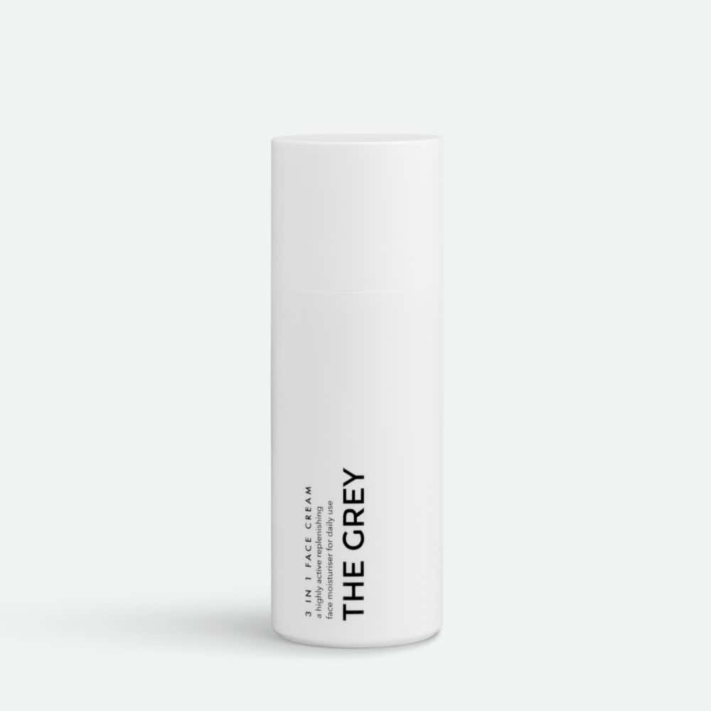 3-in-1 face cream for daily use, white cylindrical tube with black text, ideal for skincare