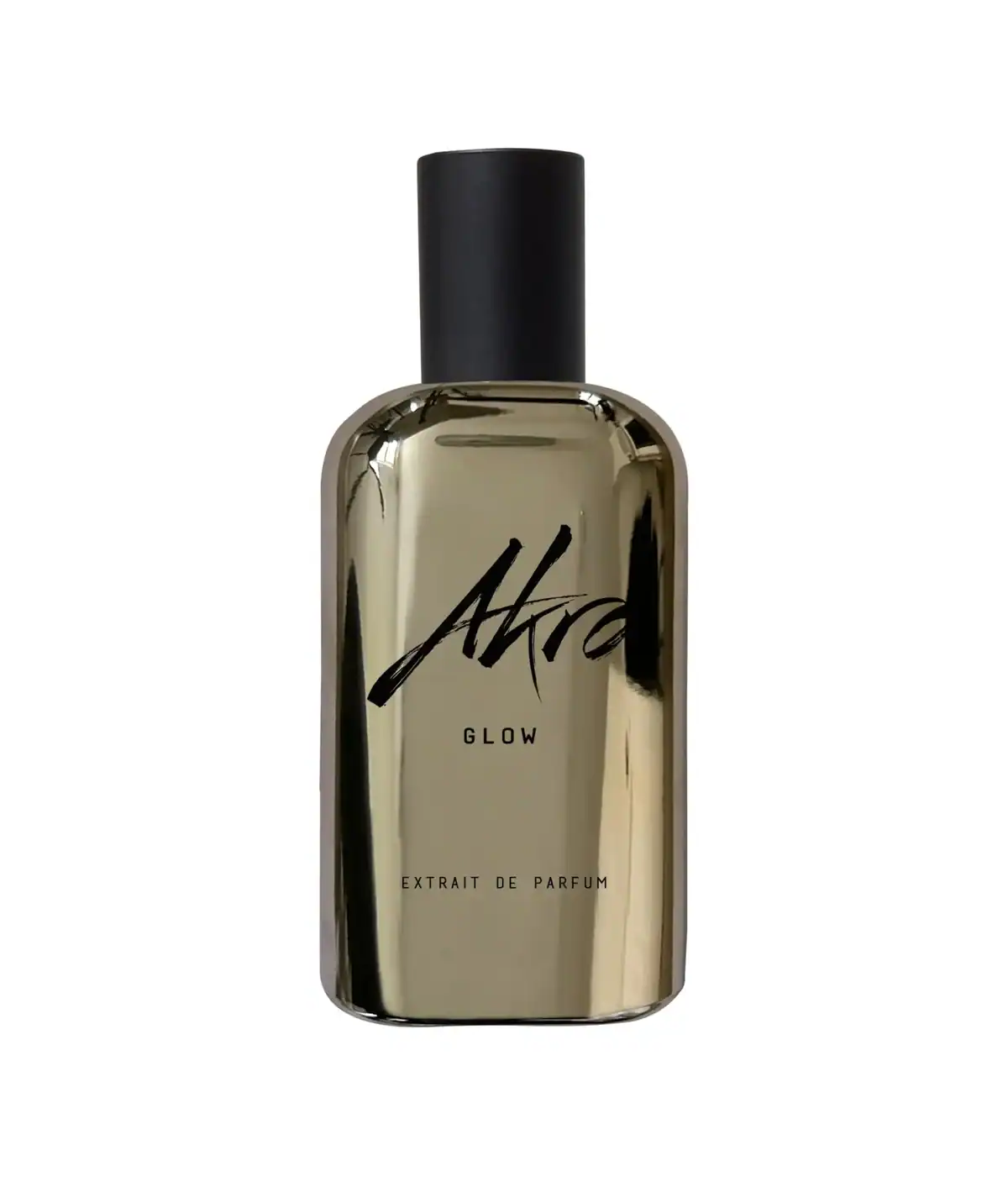 Akra Glow Extrait de Parfum: Shiny gold bottle with black cap and label