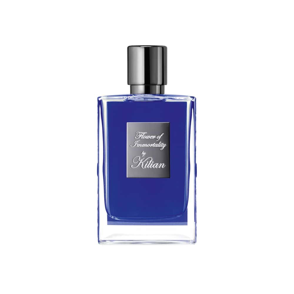 Blue Flower of Immortality perfume bottle by Kilian with silver cap and label, perfect for fragrance lovers