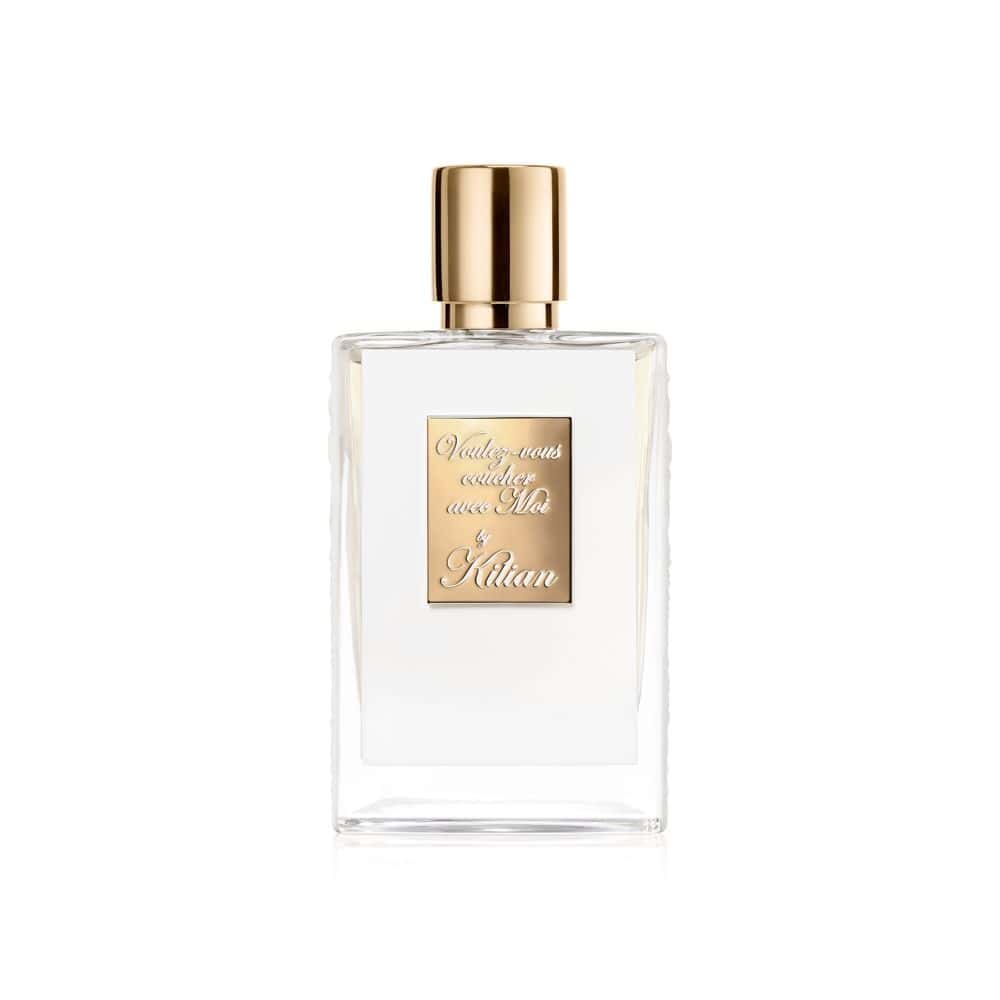Voulez-Vous Coucher Avec Moi perfume bottle with gold cap and label, clear glass, elegant design