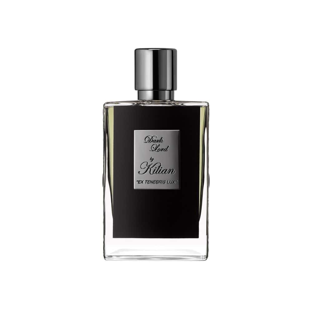 Black glass Dark Lord by Kilian perfume bottle with silver cap, luxury fragrance