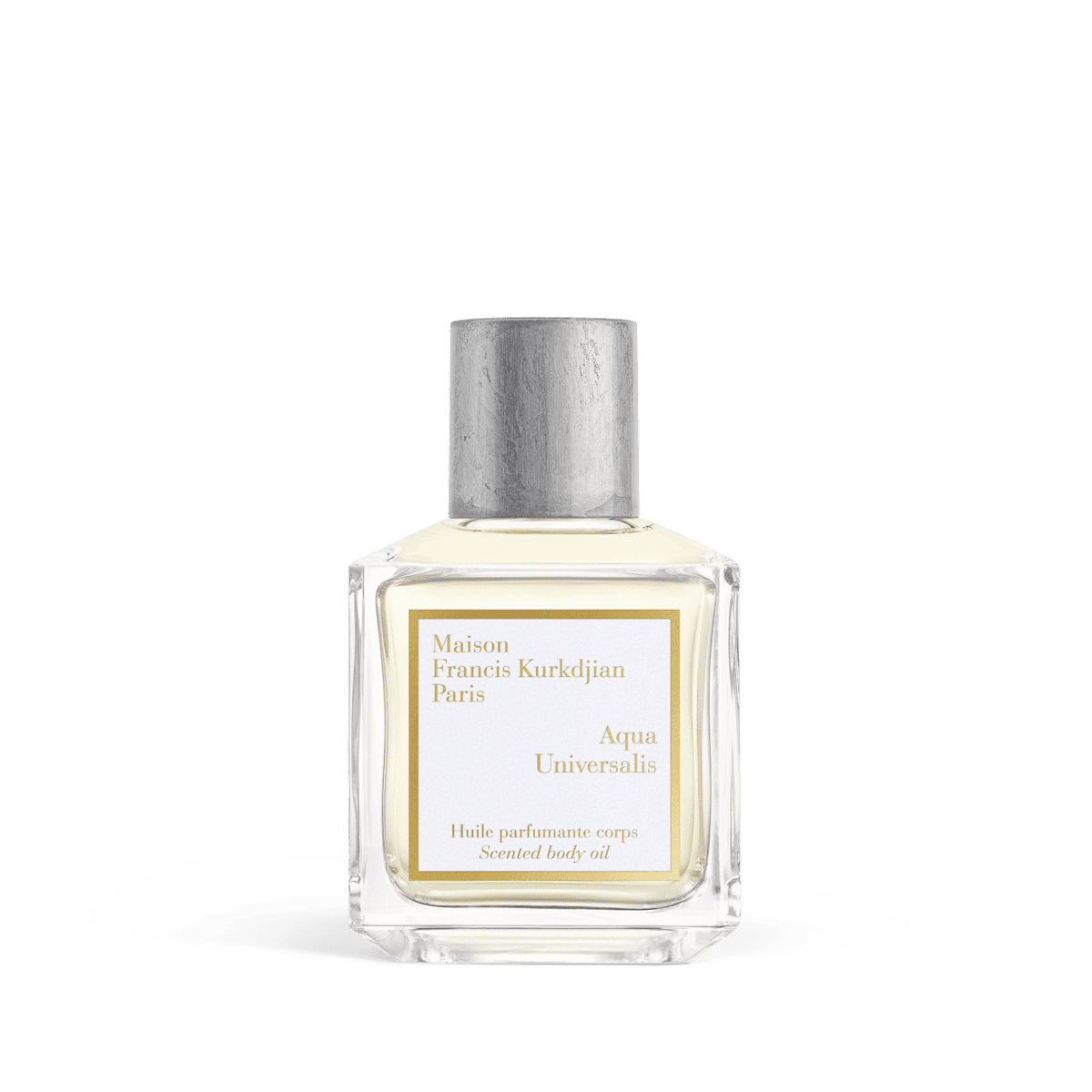 Maison Francis Kurkdjian Aqua Universalis Scented Body Oil in a clear glass bottle with a silver cap
