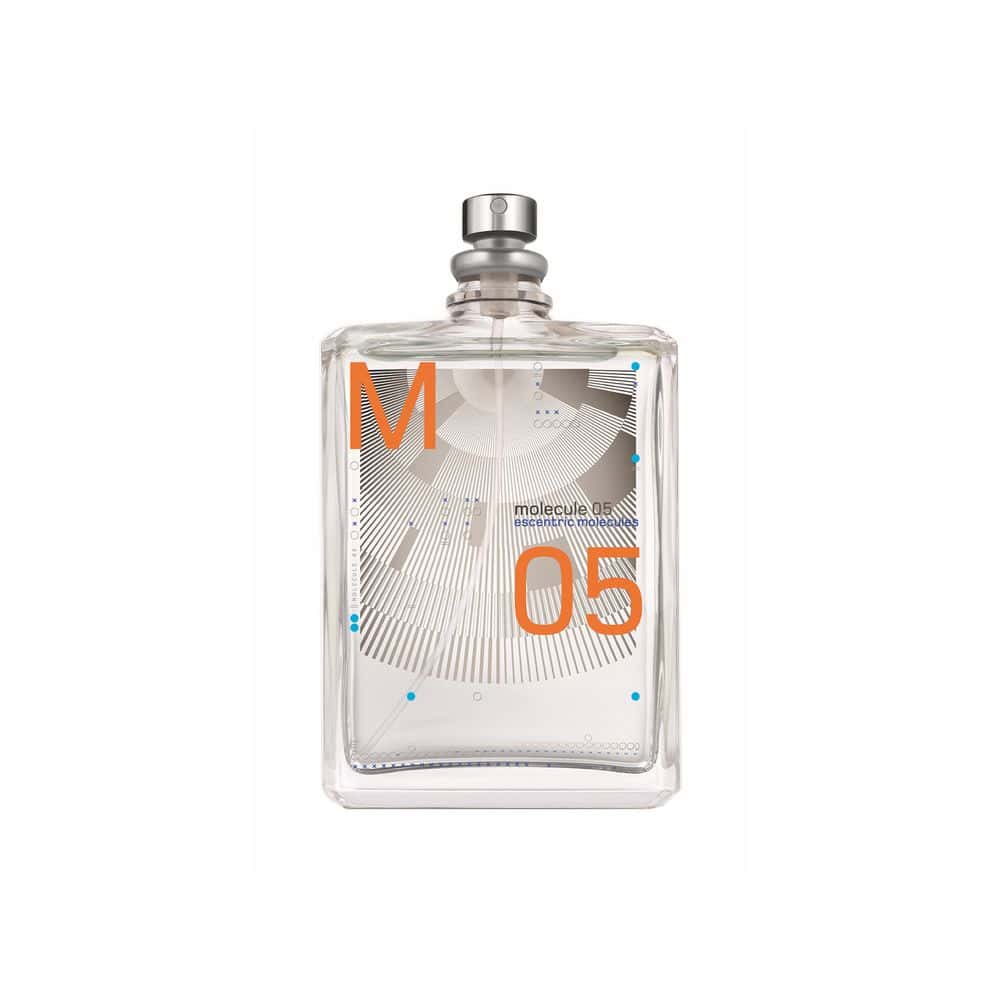 Molecule 05 by Escentric Molecules, a clear glass fragrance bottle with orange accents and the number 05.