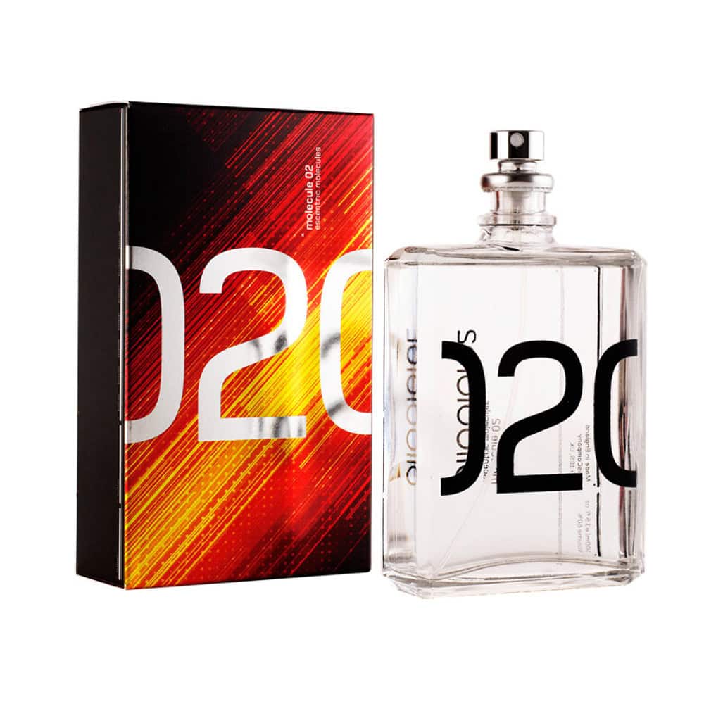 Molecule 02 fragrance bottle and box, featuring a clear glass bottle with black "02" branding and a vibrant red and yellow striped box.
