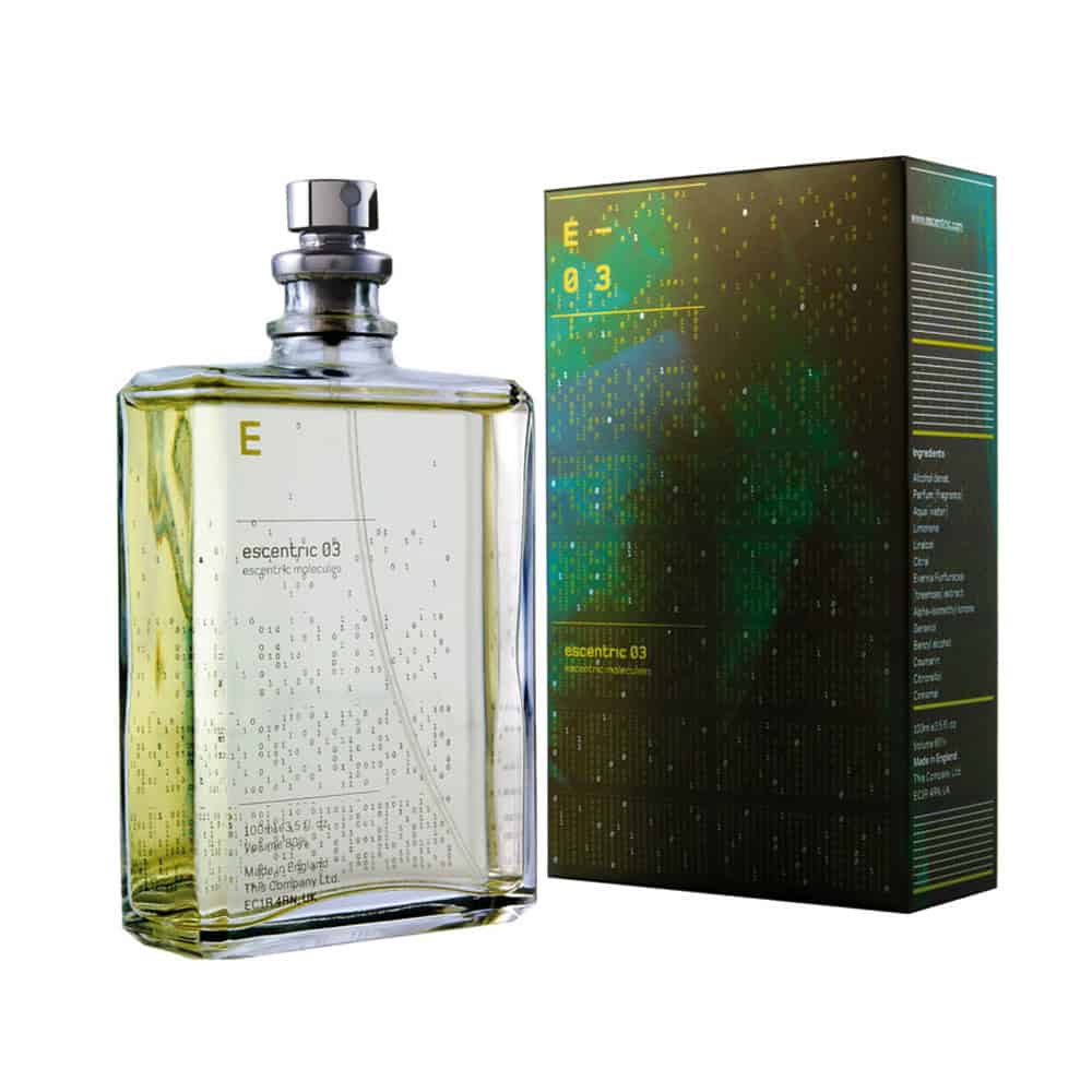 Escentric 03 perfume bottle and box with digital code design