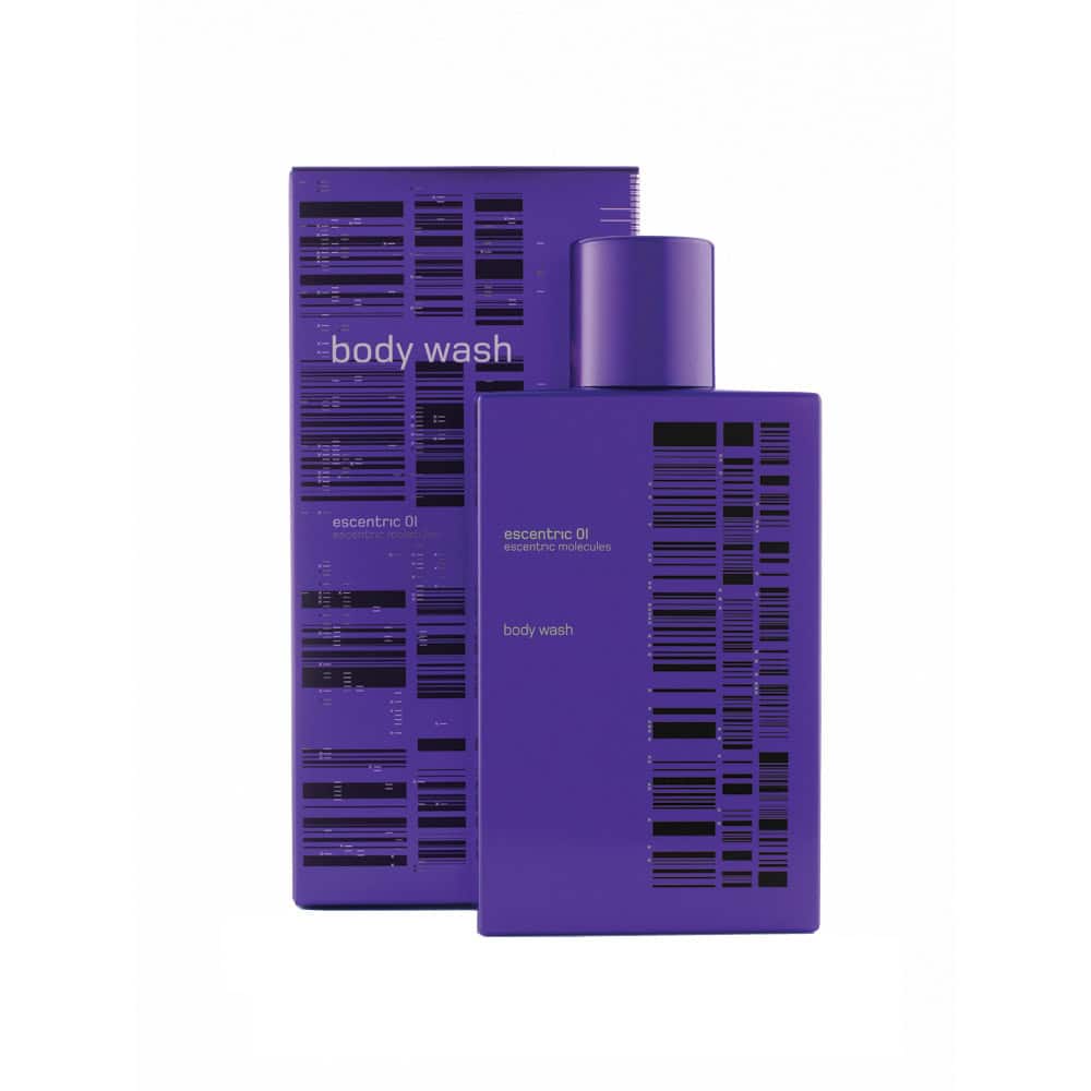 Escentric 01 Body Wash: Purple bottle with barcode-like design and matching box