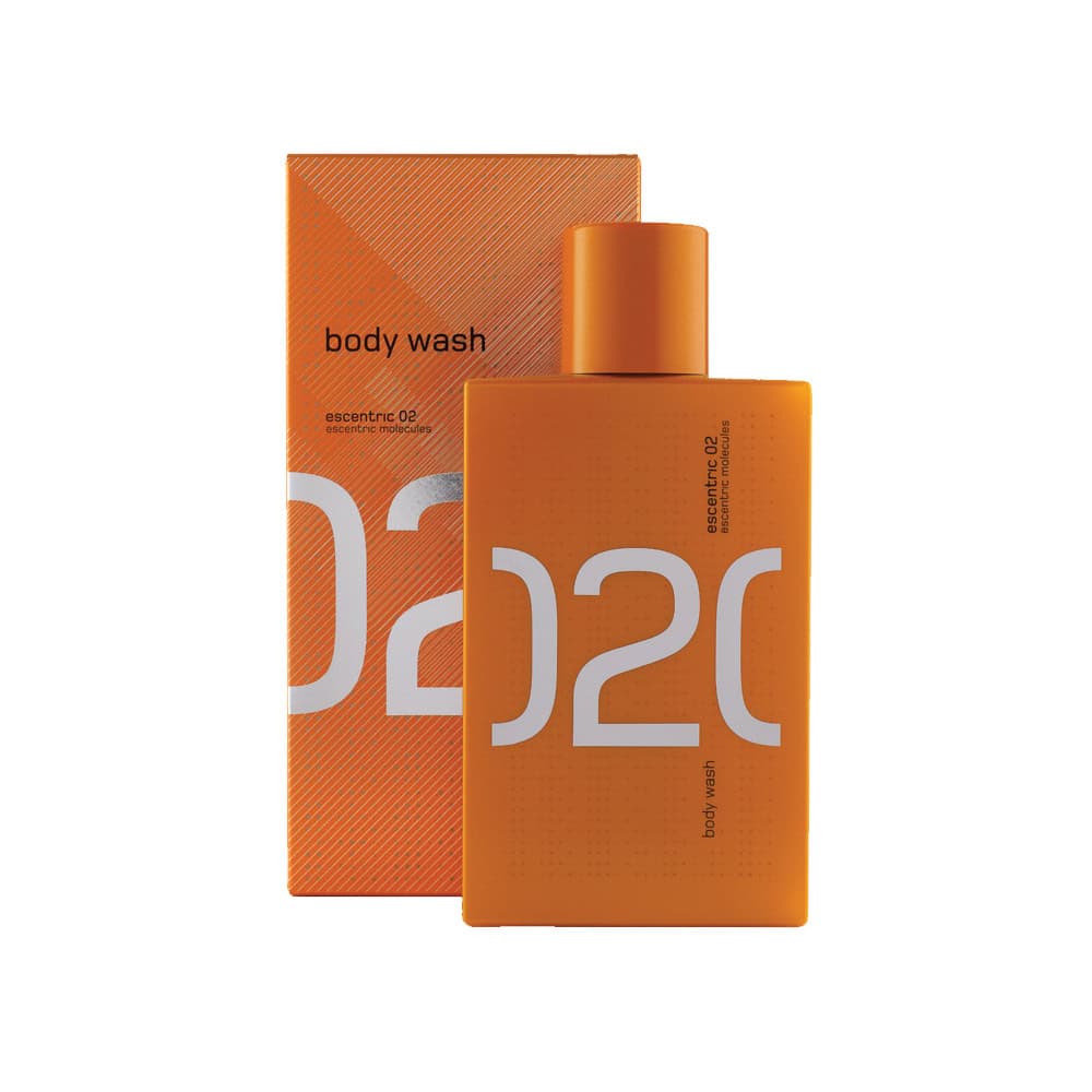 Escentric 02 Body Wash: Orange bottle and box with large white "02" logo