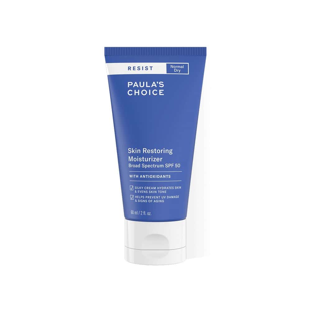 Paula's Choice Resist Skin Restoring Moisturizer SPF 50, a silky cream that hydrates and evens skin tone.
