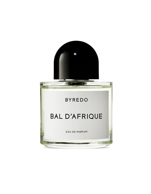 Bal d'Afrique Eau de Parfum in a glass bottle with a black cap, Byredo branding visible, elegant design