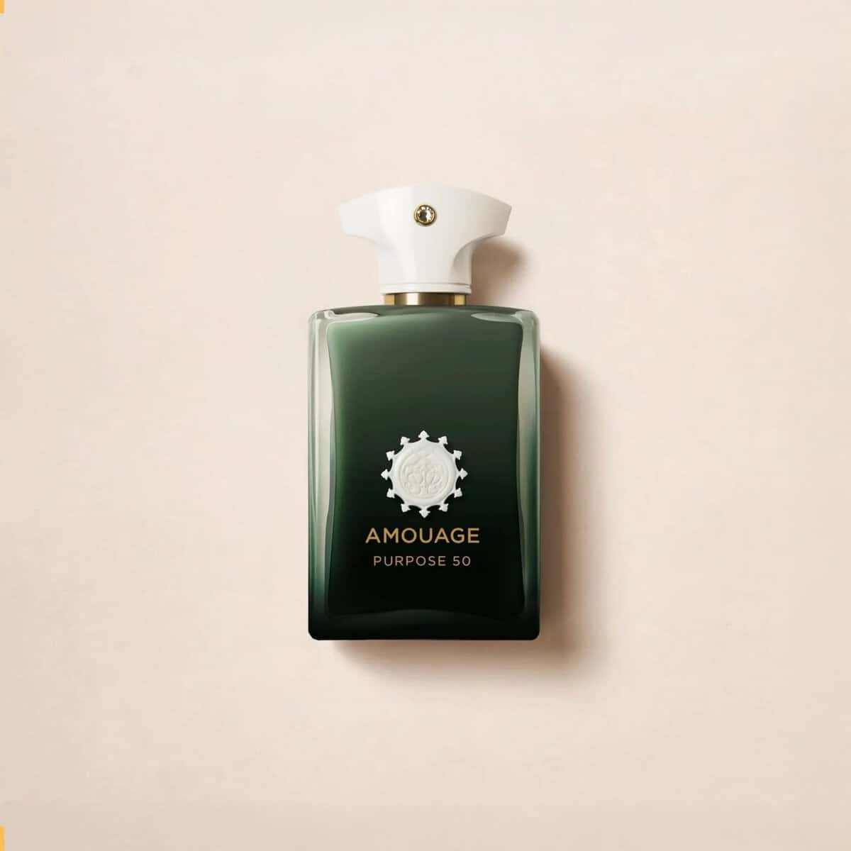 Amouage Purpose 50 dark green glass perfume bottle with white cap