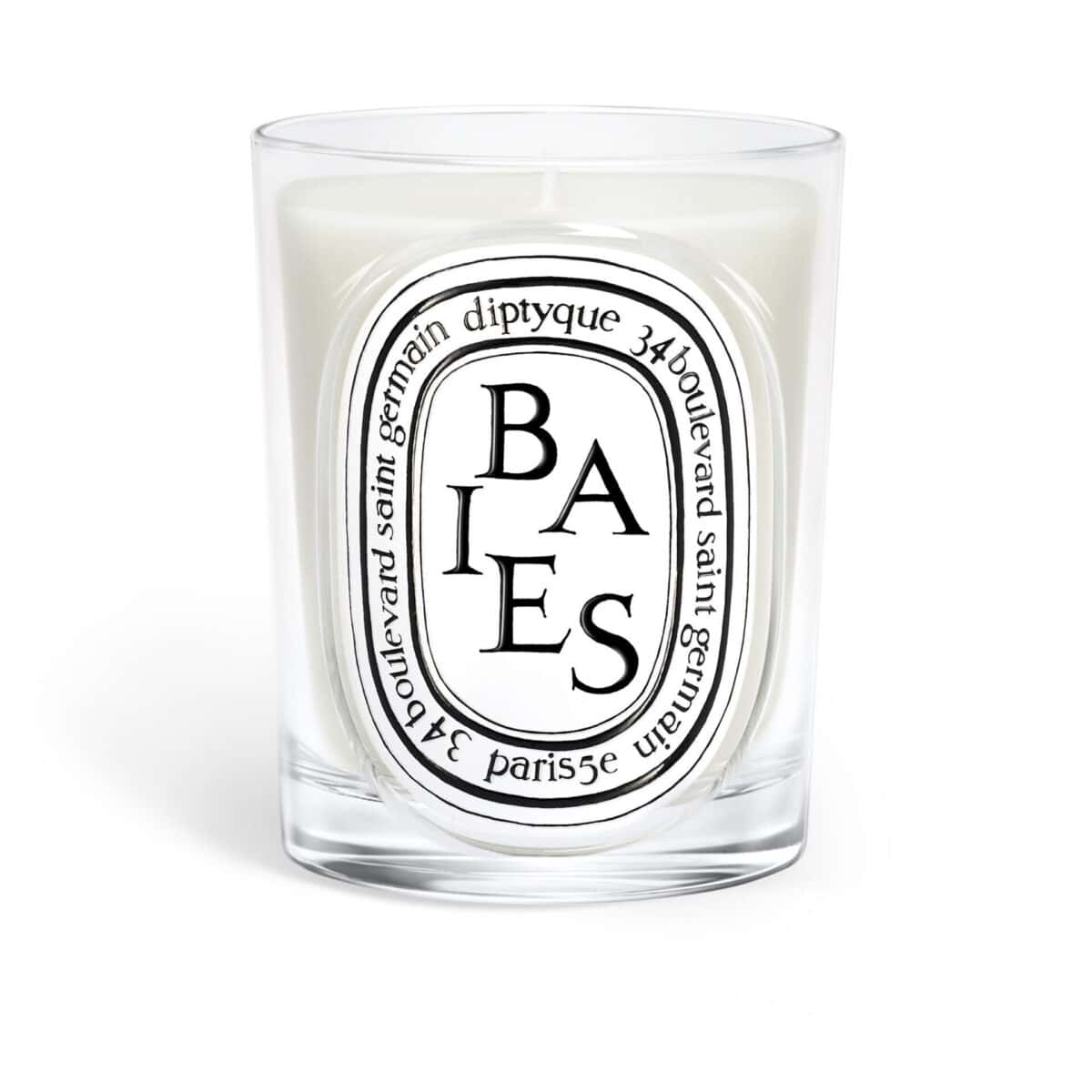 Diptyque Baies Classic Candle in a clear glass jar with oval black and white label