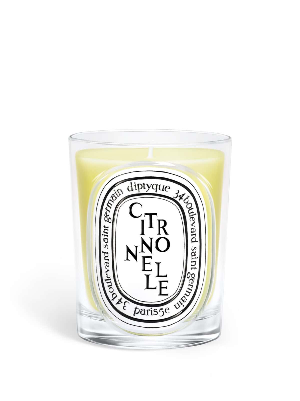 Diptyque Citronelle Classic Candle in a clear glass jar with an oval label