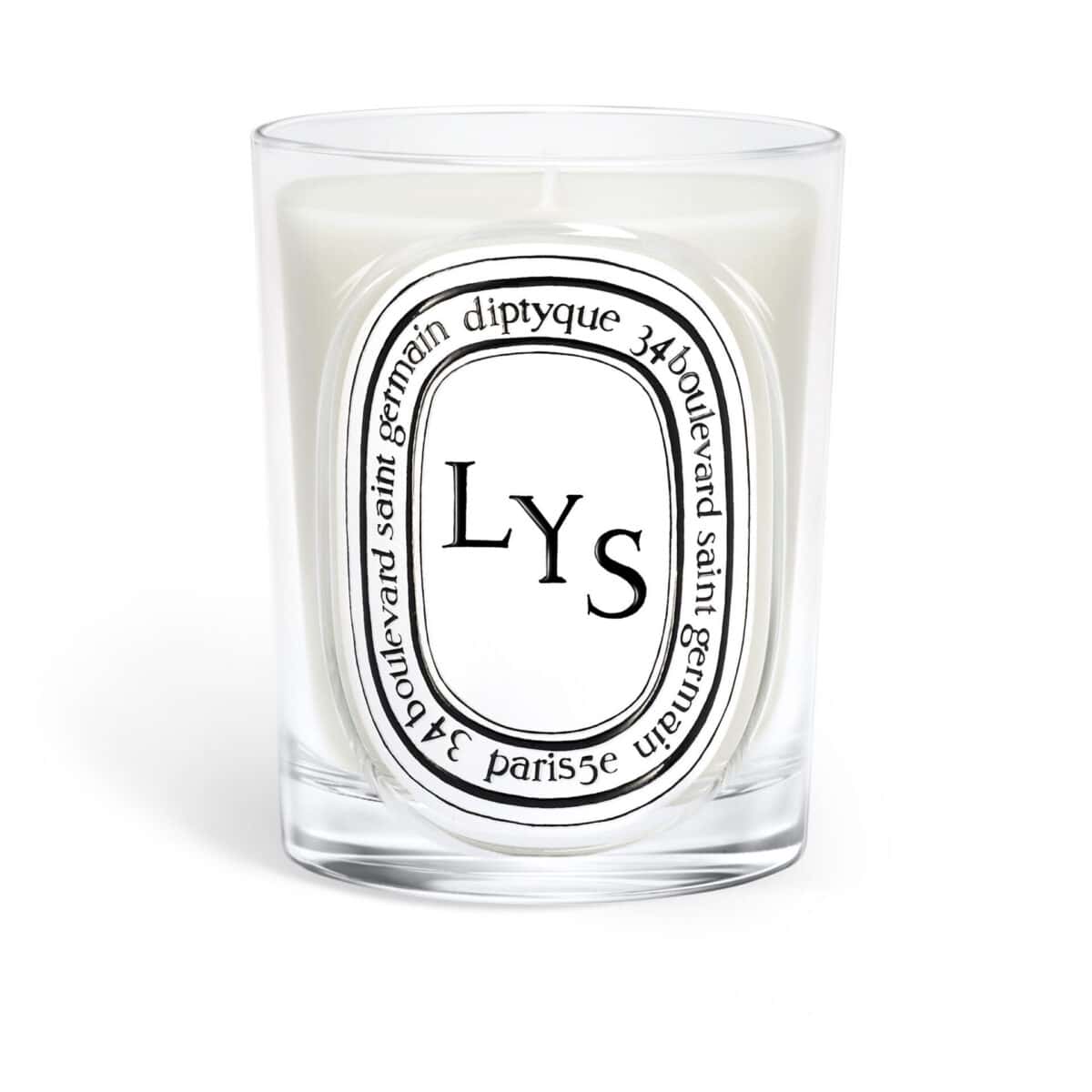 Diptyque Lys Classic Candle in a clear glass jar with black and white label