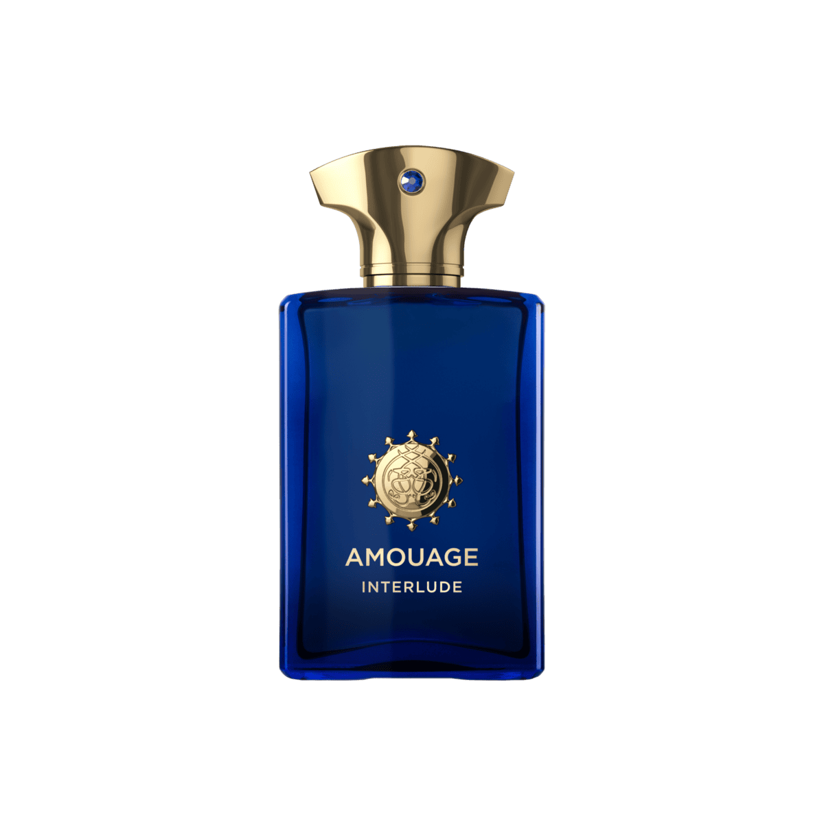 Amouage Interlude Man Eau de Parfum bottle, deep blue glass with gold cap and emblem