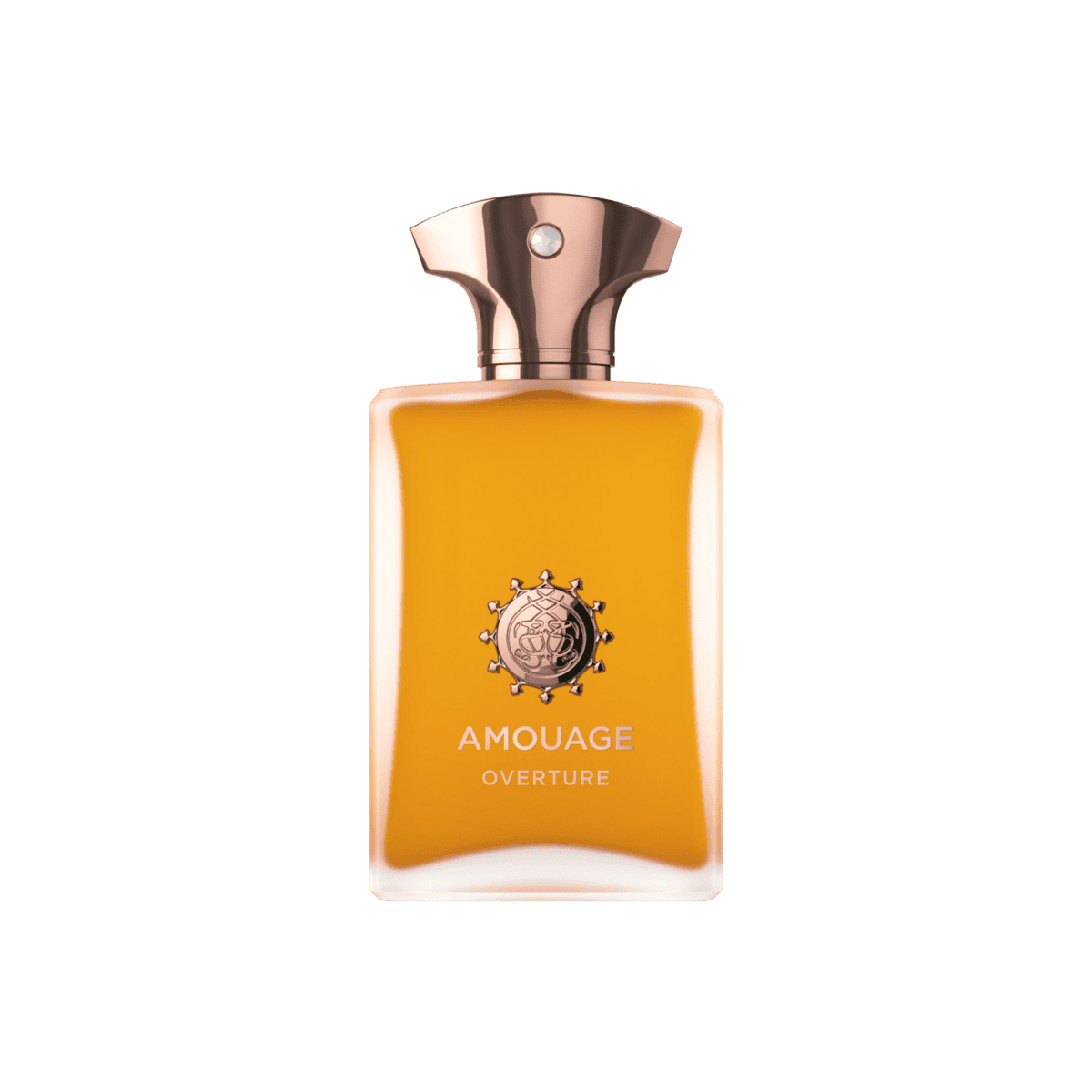 Amouage Overture Woman Eau de Parfum bottle with golden liquid and rose gold cap