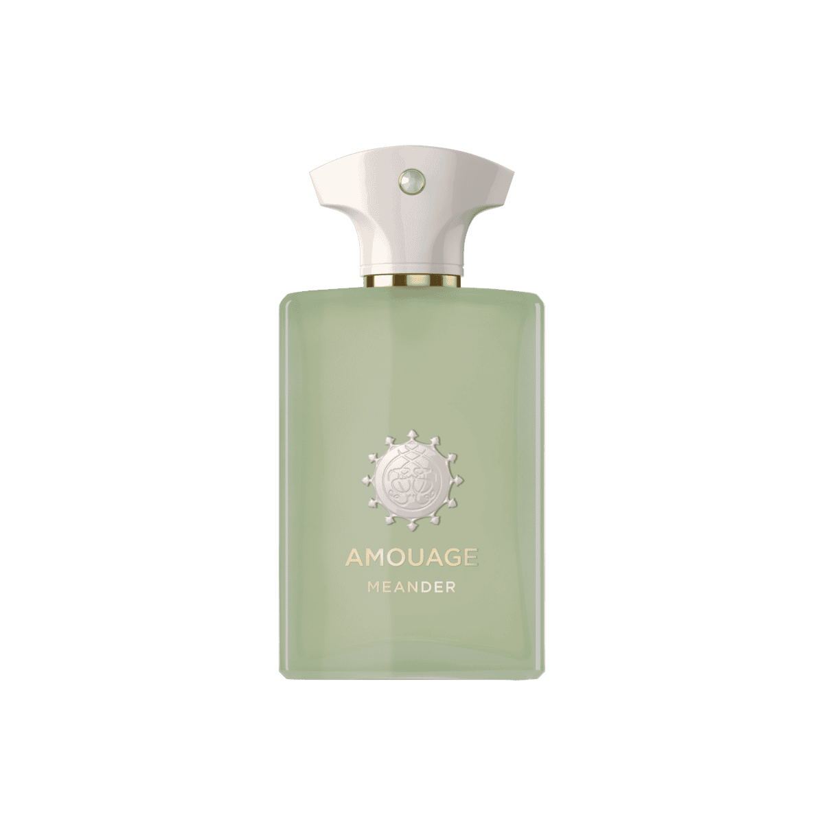 Amouage Meander green glass perfume bottle with ornate silver emblem and cream cap