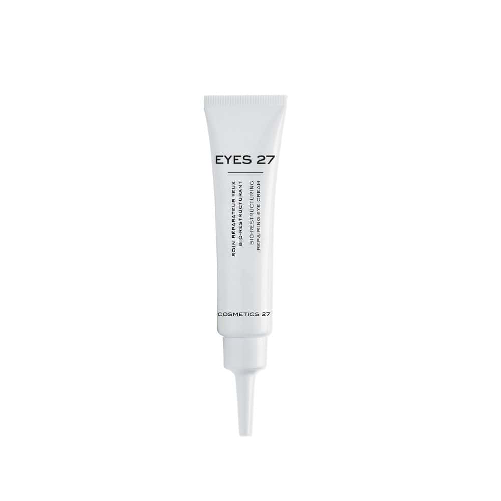 Eyes 27 bio-restructuring eye cream in a white squeeze tube with a precision applicator.