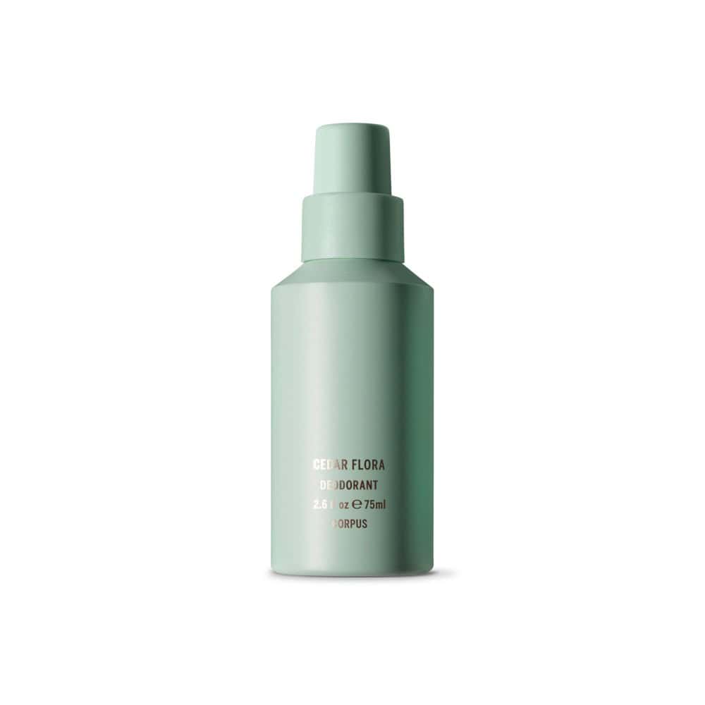 Cedar Flora Deodorant Spray: Light green spray bottle with gold lettering