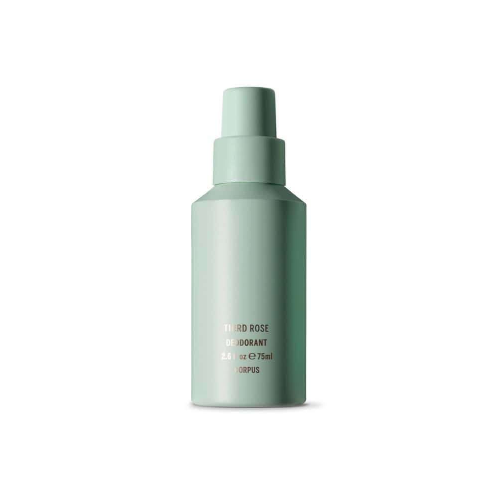 Third Rose Deodorant spray by Corpus, 2.6 oz in a pale green bottle