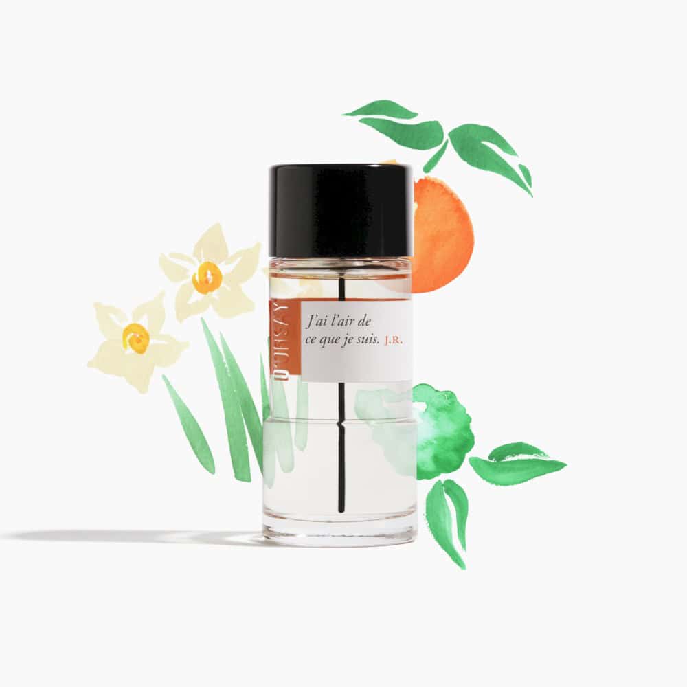 J'ai l'air de ce que je suis J.R. perfume bottle with watercolor daffodils and orange