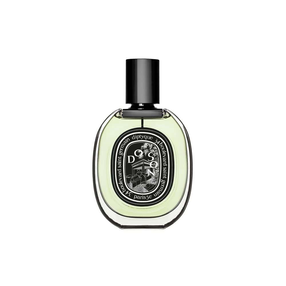 Diptyque Do Son Eau de Parfum: Oval bottle with light green liquid and black cap