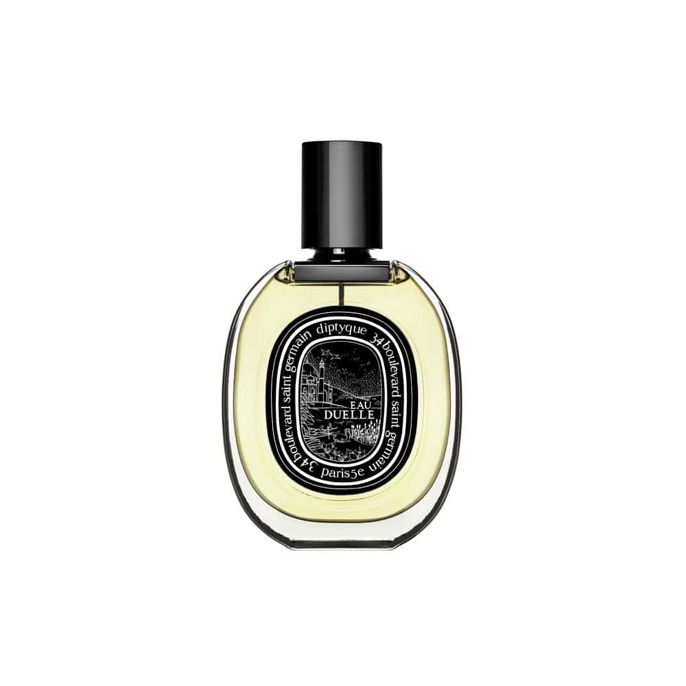 Eau Duelle EDP perfume bottle with black cap and yellow label, luxury Diptyque fragrance