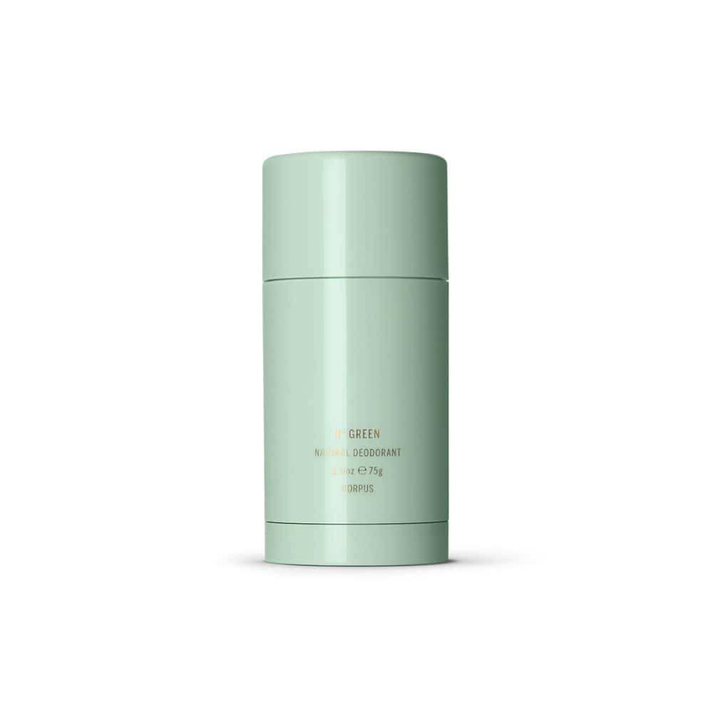 N° Green Natural Deodorant Stick: A pale green deodorant stick with gold lettering on a white background.