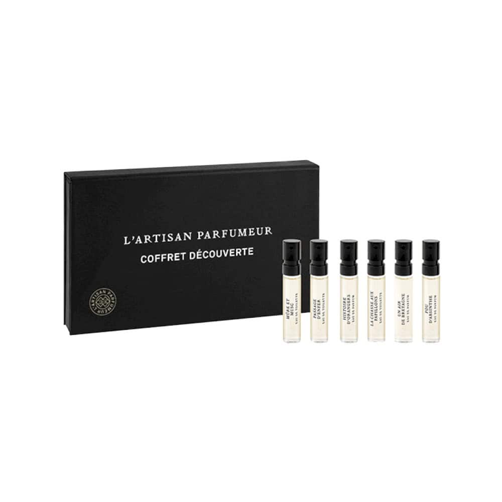 L'Artisan Parfumeur Discovery Set with six small perfume vials in a black box, ideal for discovering new scents