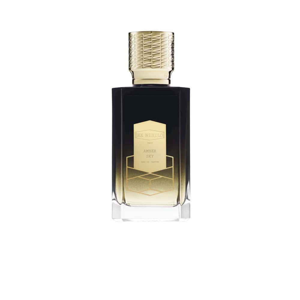 Ex Nihilo Amber Sky Eau de Parfum bottle with gold accents and geometric design