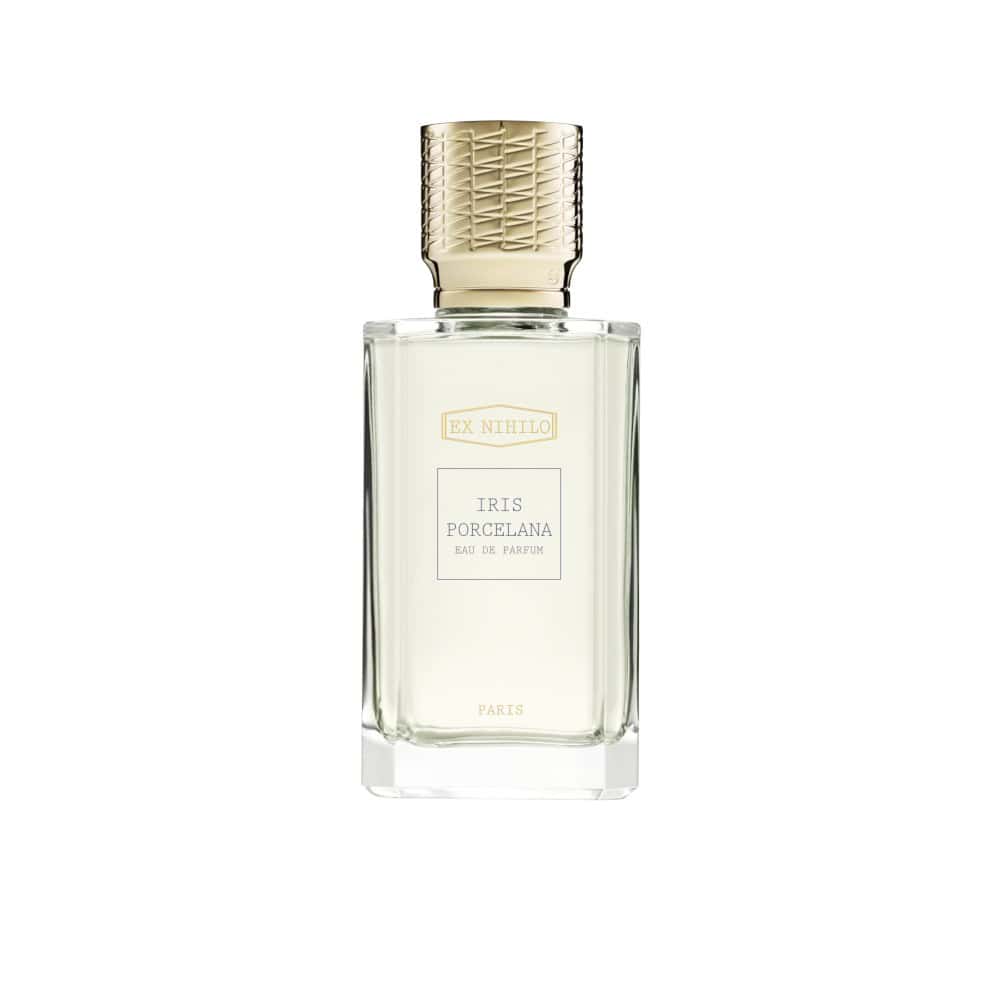 Ex Nihilo Iris Porcelana Eau de Parfum bottle with gold woven cap and clear glass