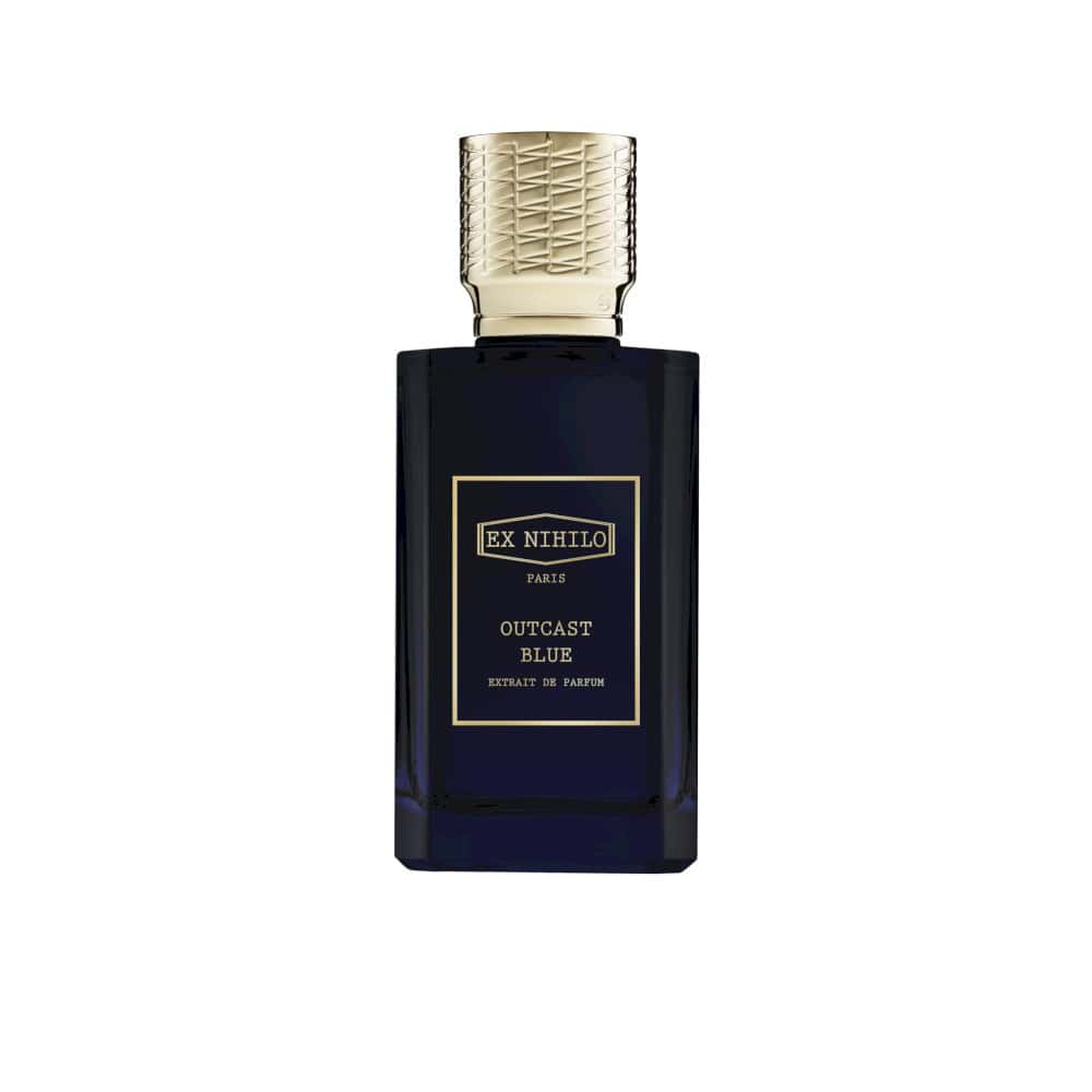Ex Nihilo Paris Outcast Blue Extrait de Parfum in a dark blue bottle with gold cap.