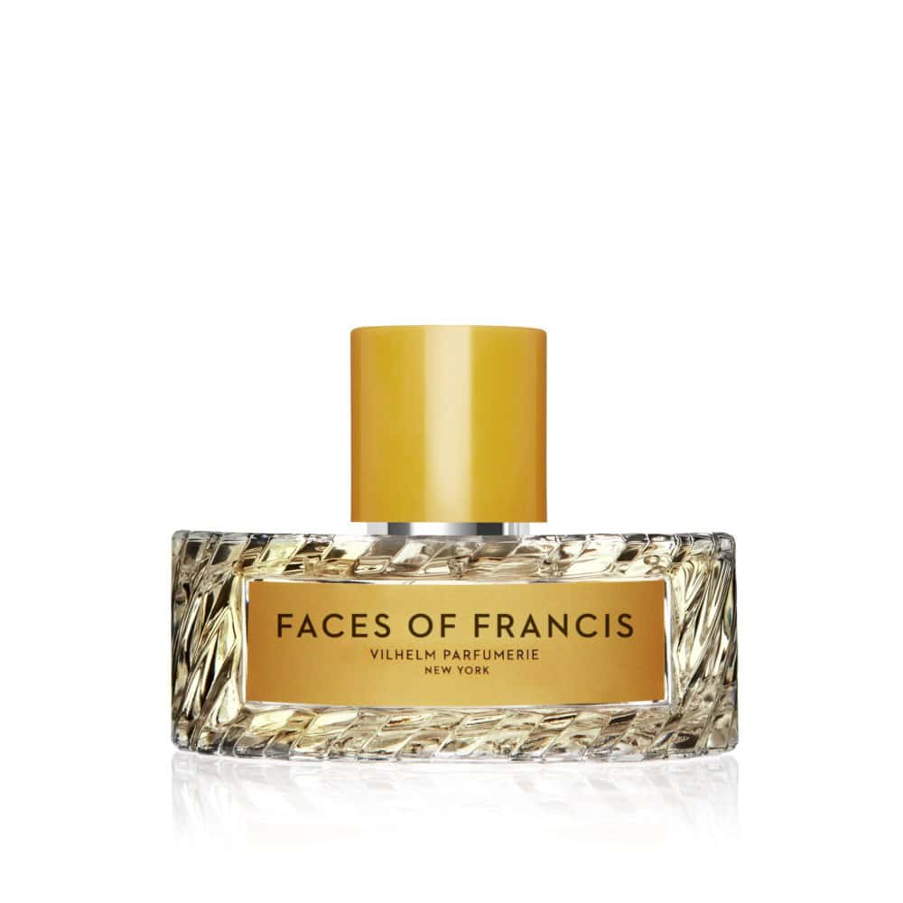Vilhelm Parfumerie Faces of Francis perfume bottle with textured glass and yellow cap