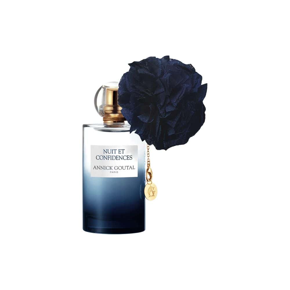 Annick Goutal Nuit et Confidences perfume bottle with dark blue flower embellishment