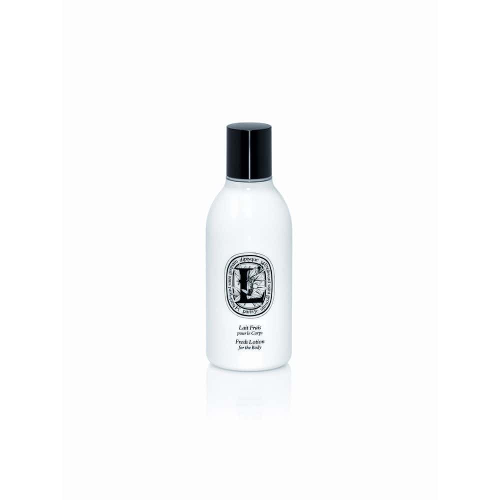 Diptyque Lait Frais Fresh Lotion for the Body, white bottle with black cap and oval label