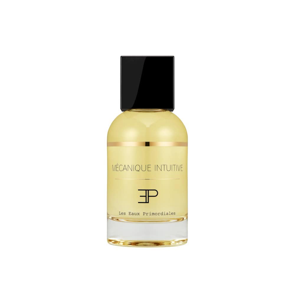 Mécanique Intuitive Eau de Parfum bottle with yellow liquid and black cap