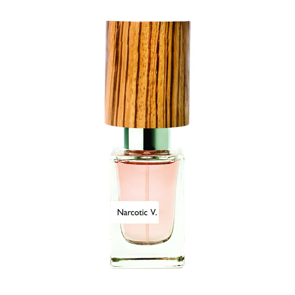 Narcotic V. perfume bottle with a wooden cap and light pink liquid