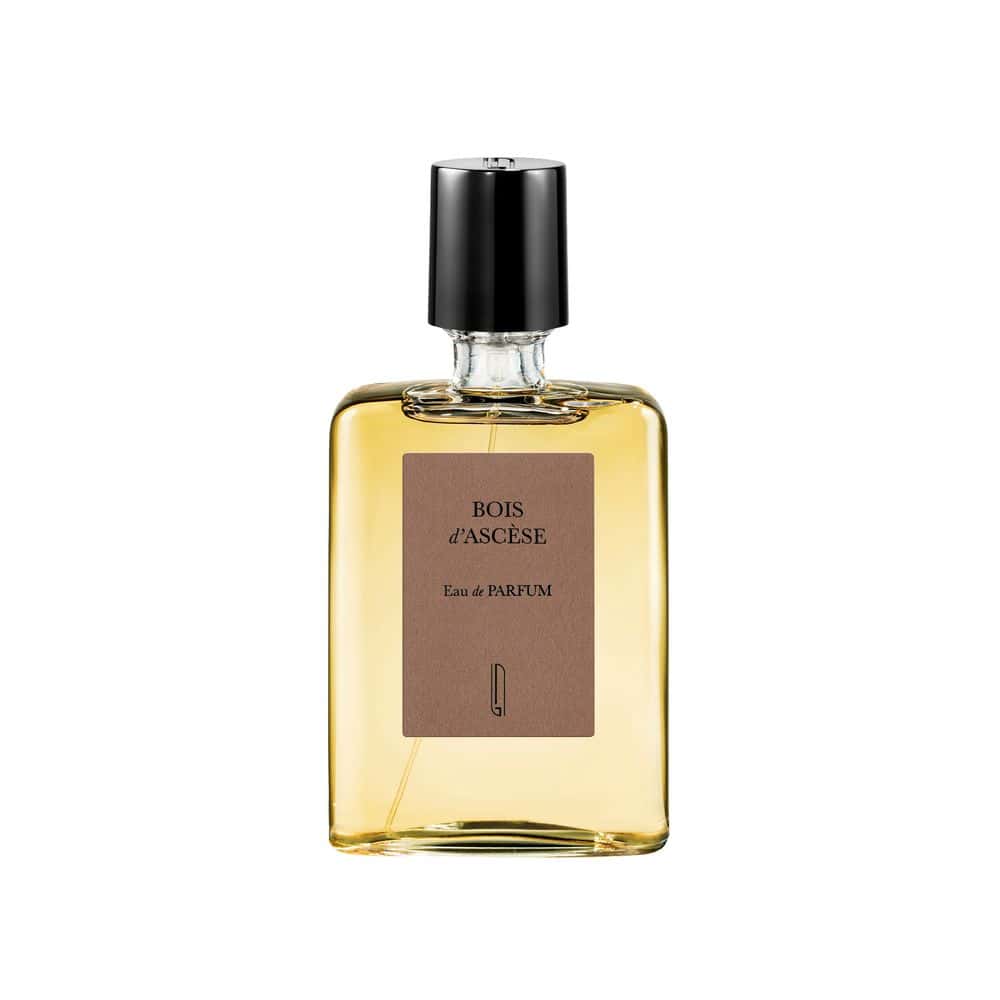 Bois d’Ascèse Eau de Parfum: Amber glass bottle with black cap and brown label