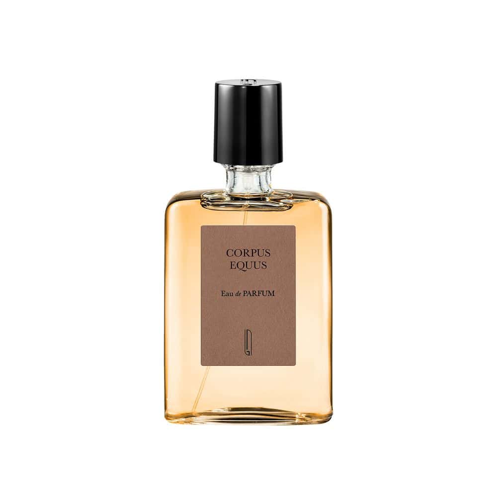 Bois d'Ascèse perfume bottle with amber liquid, black cap, and brown label on white background